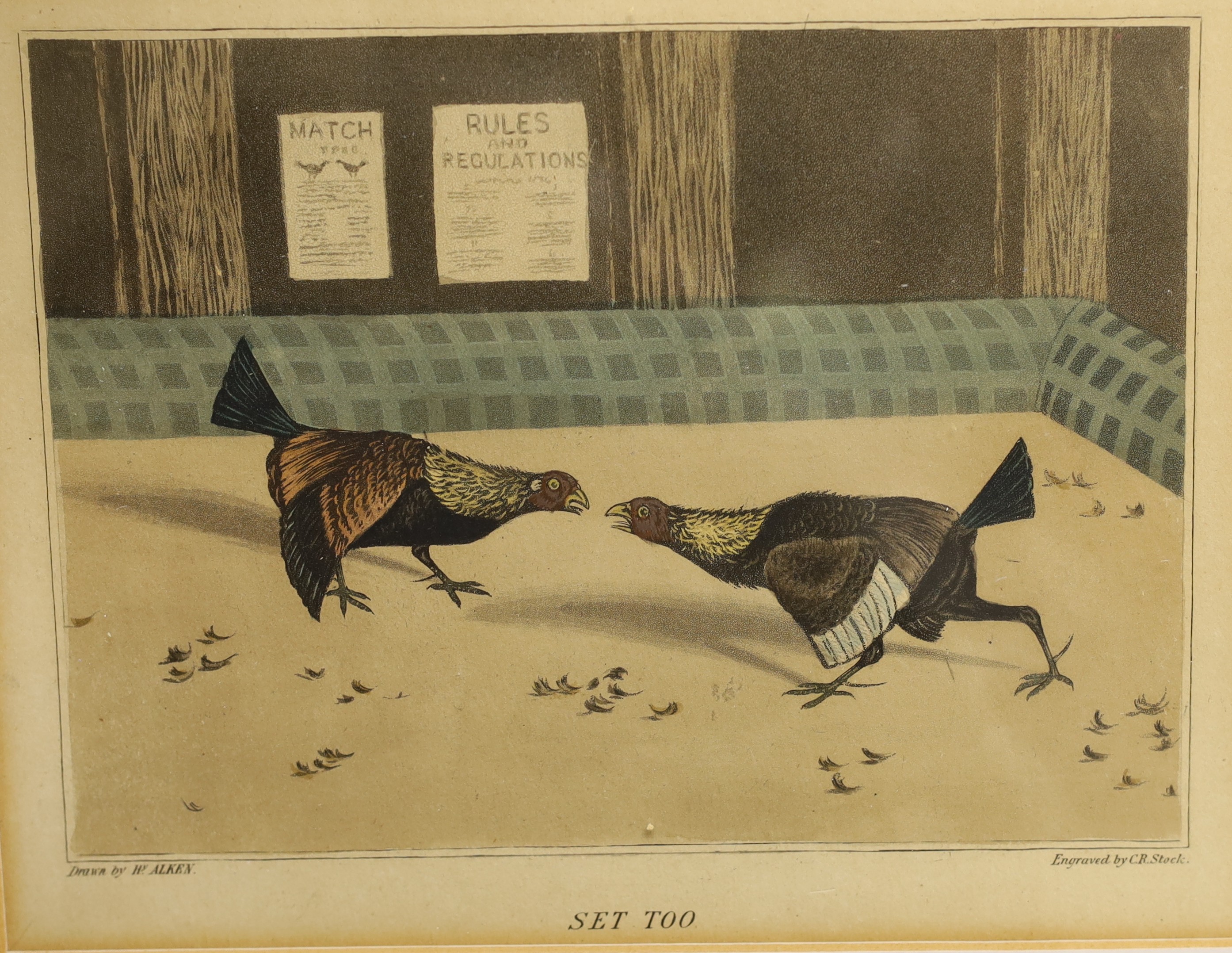 A set of three cock fighting prints by Stock after Henry Alken, 15 x 20cm.